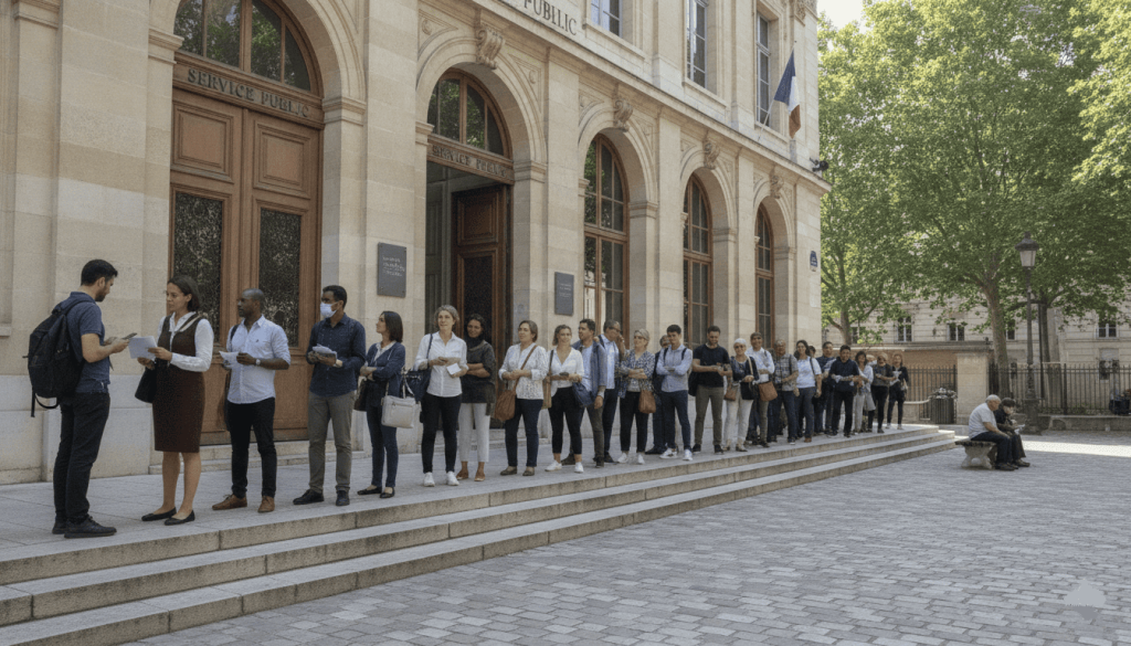 Usagers devant un bâtiment administratif accueillant le public.