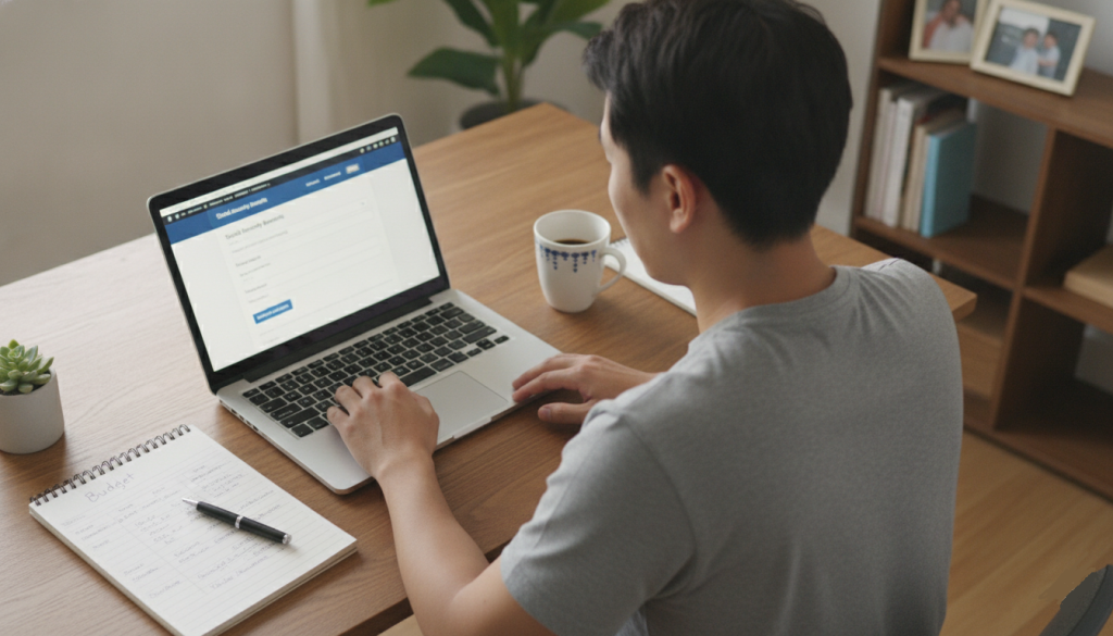 Père de famille vérifiant ses démarches administratives en ligne depuis son domicile.