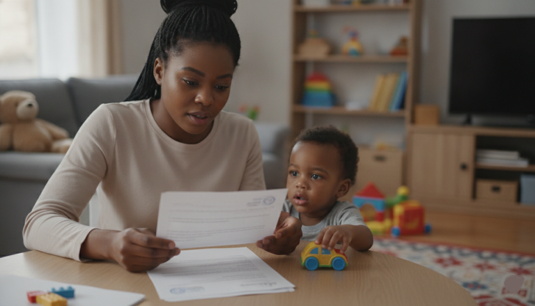 Mère de famille consultant un courrier administratif relatif à ses prestations.
