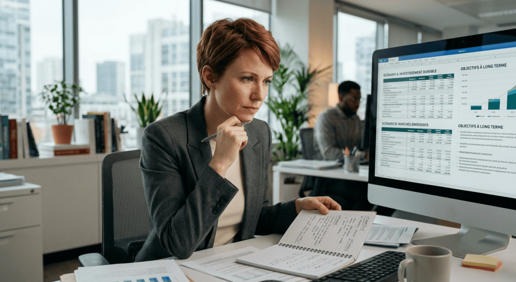 Femme analysant plusieurs scénarios d’investissement sur son ordinateur de bureau.