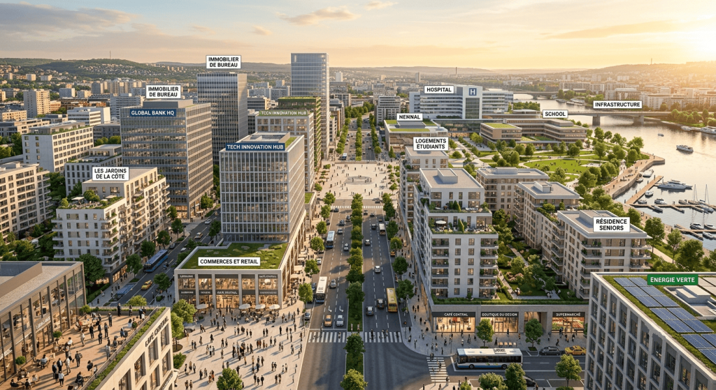 Vue panoramique d’un quartier d’affaires moderne symbolisant différents investissements.
