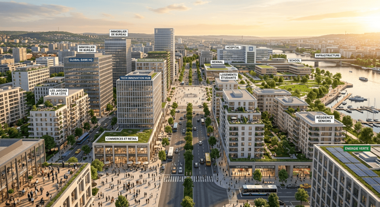 Vue panoramique d’un quartier d’affaires moderne symbolisant différents investissements.