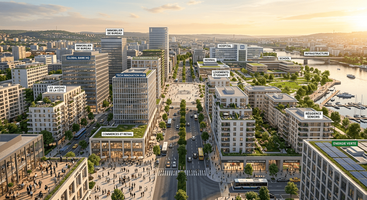 Vue panoramique d’un quartier d’affaires moderne symbolisant différents investissements.