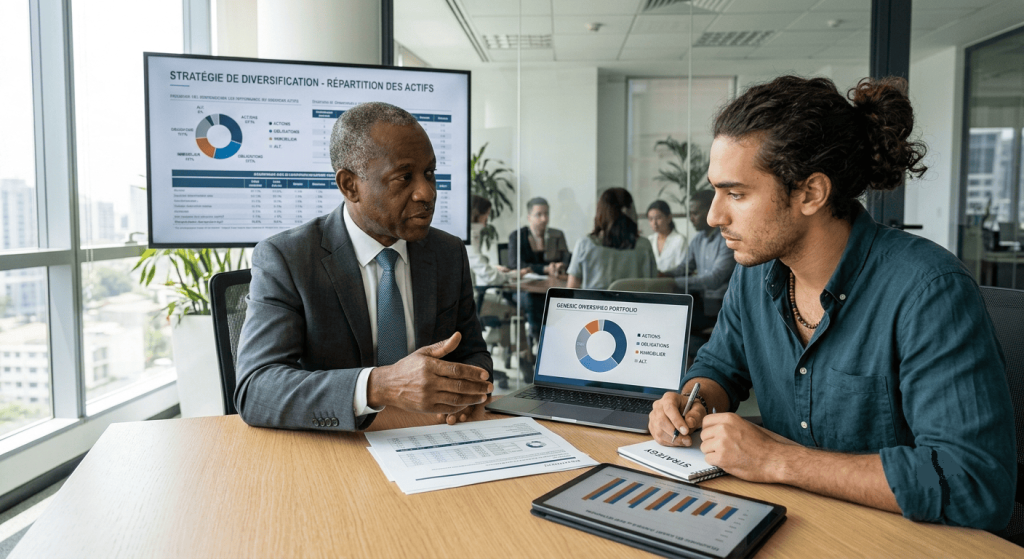 Conseiller financier présentant une stratégie de diversification à un entrepreneur.