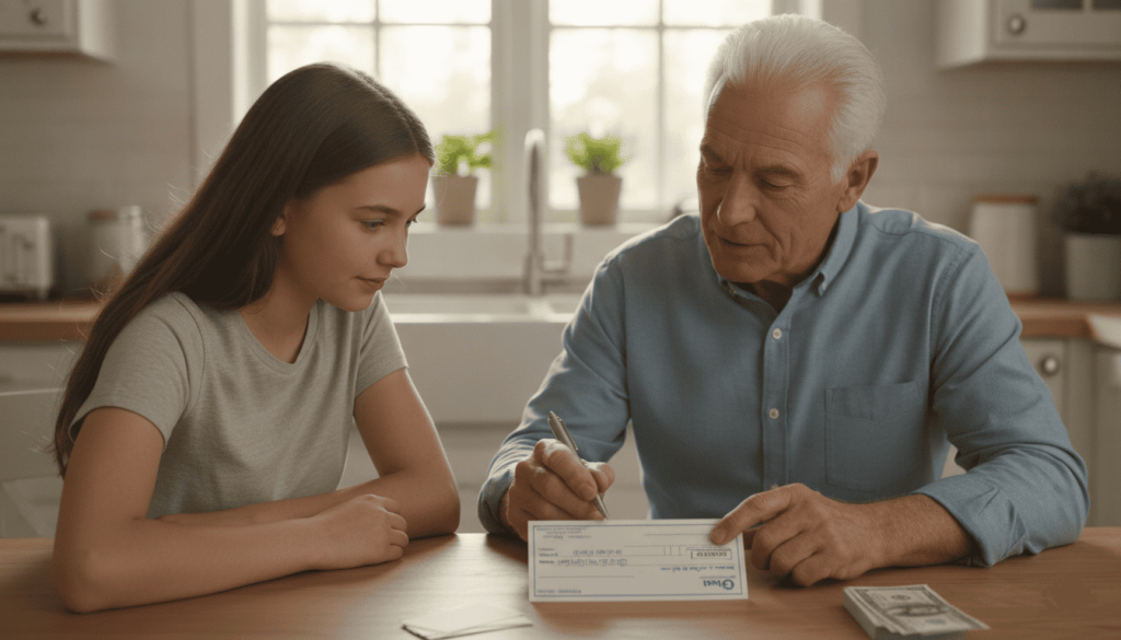 Grand-père montrant à sa petite-fille comment remplir un chèque à une table de cuisine.