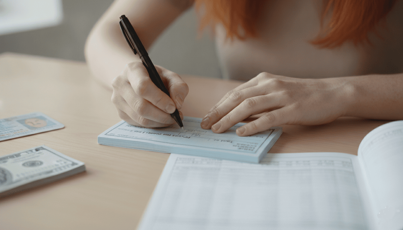 Gros plan sur une femme remplissant soigneusement un chèque avec un stylo.