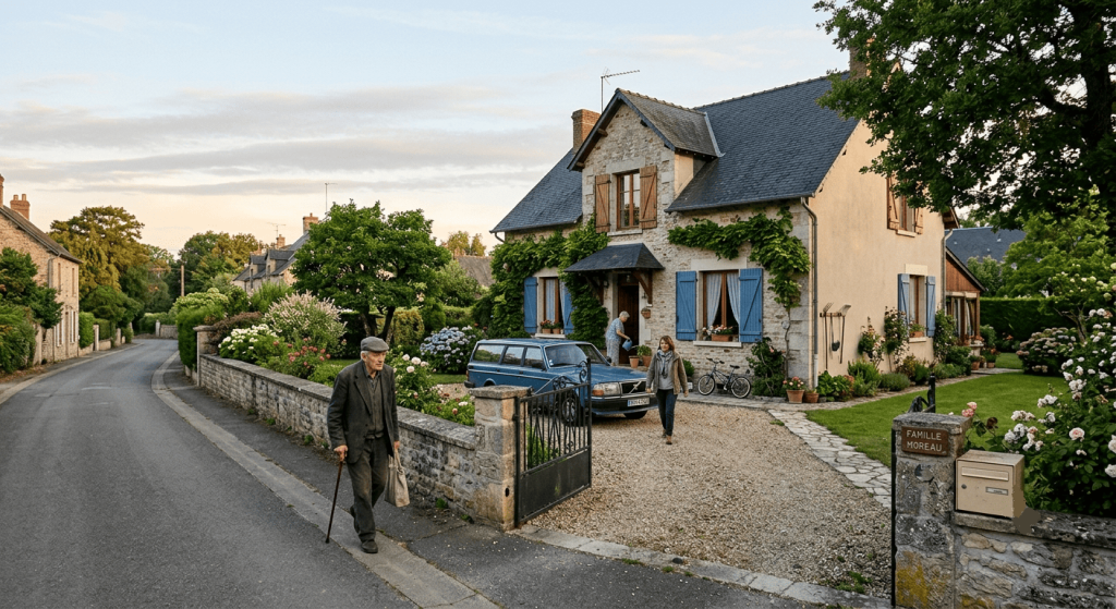Maison familiale avec jardin au petit matin illustrant un patrimoine immobilier transmis.
