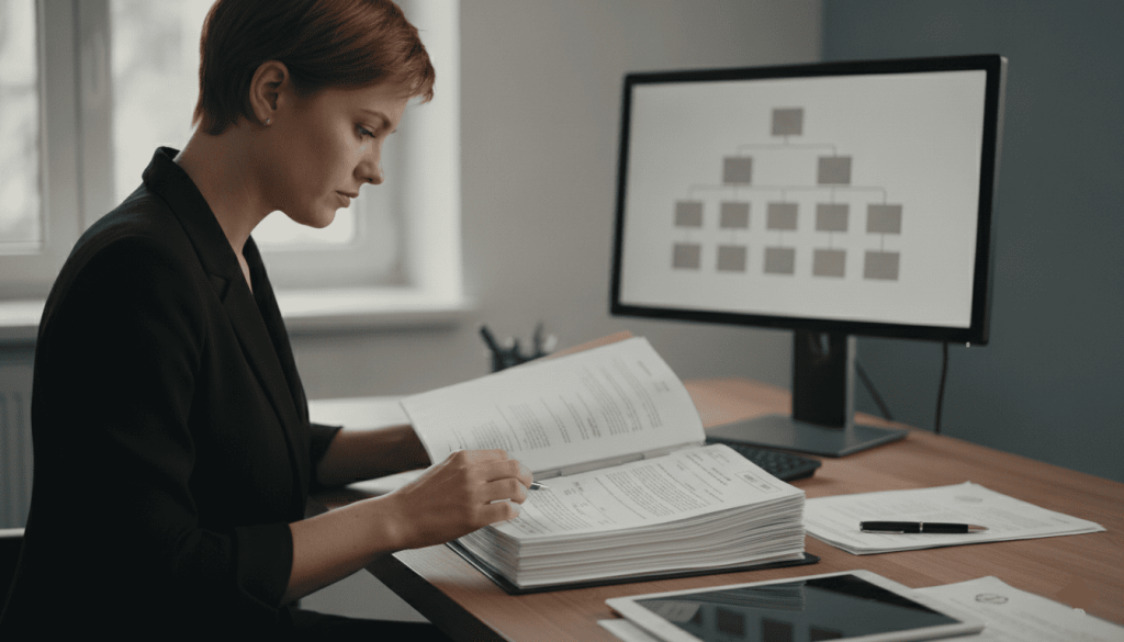Professionnelle examinant un dossier de succession dans une étude notariale moderne.