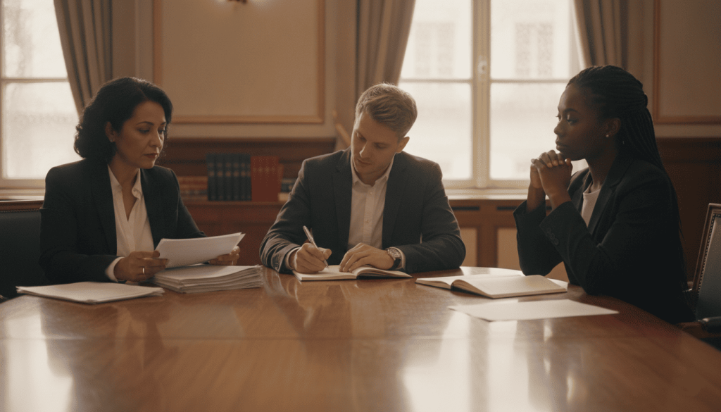 Trois héritiers réunis autour d’une table avec des documents de succession dans un bureau professionnel.
