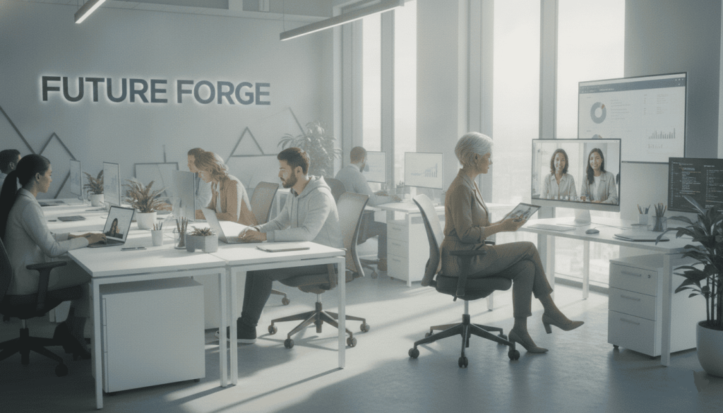 Bureau moderne réunissant des collaborateurs de différentes générations.