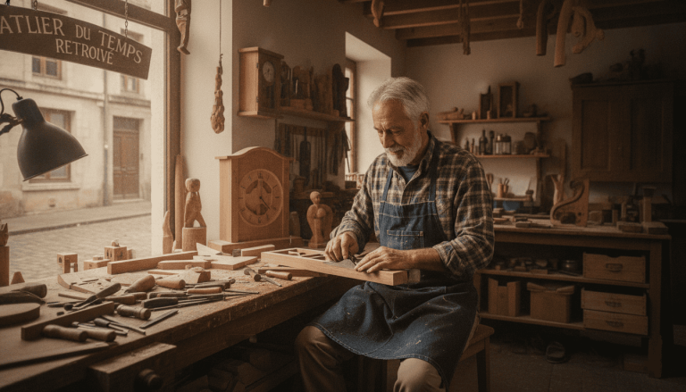 Retraité exerçant une activité professionnelle dans un atelier artisanal.