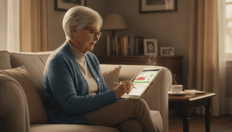 Femme retraitée comparant ses dépenses et ses revenus sur tablette.