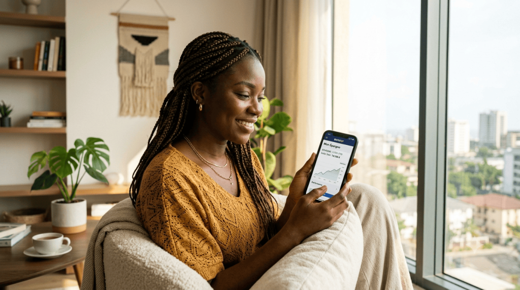 Femme consultant les performances de son épargne sur une application bancaire depuis son appartement moderne.