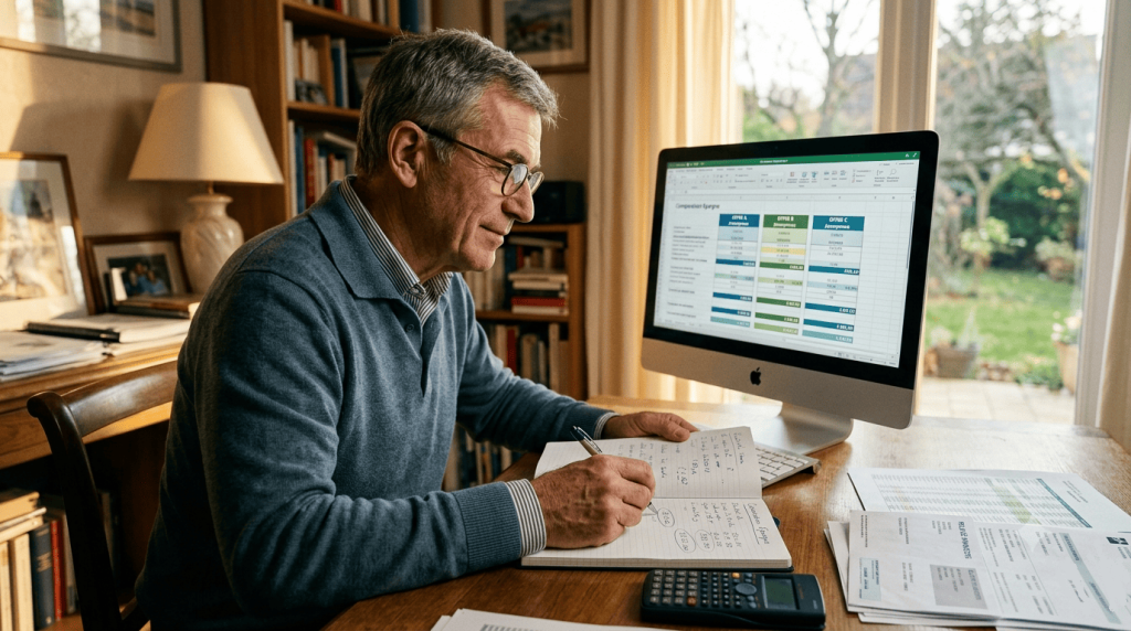 Homme comparant plusieurs offres d’épargne sur son ordinateur dans son bureau personnel. Carnet de notes, relevés financiers anonymisés et calculatrice à proximité.
