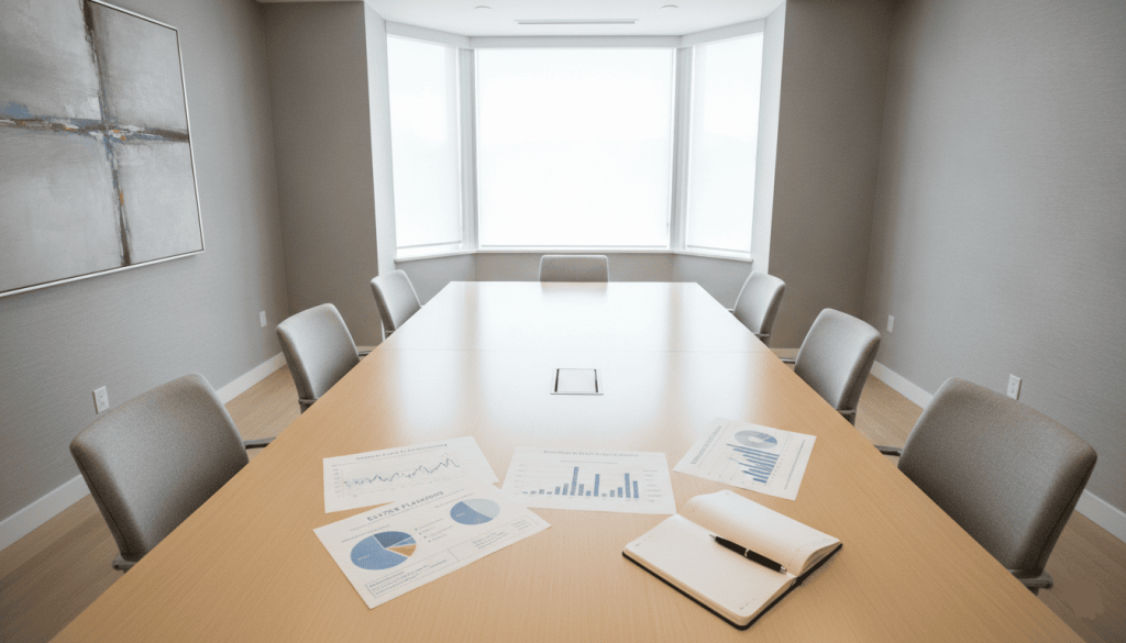 Salle de réunion d’un cabinet de conseil patrimonial contemporain. Table en bois clair, documents de planification successorale, graphiques financiers génériques et carnet de notes.