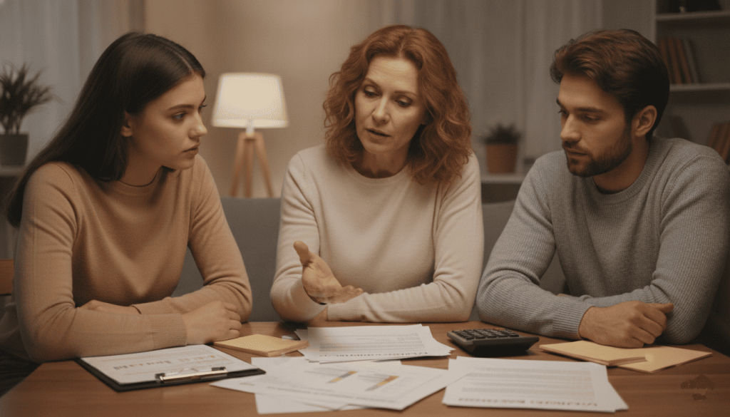 Femme expliquant à ses deux enfants adultes une organisation patrimoniale autour d’une table de salon.