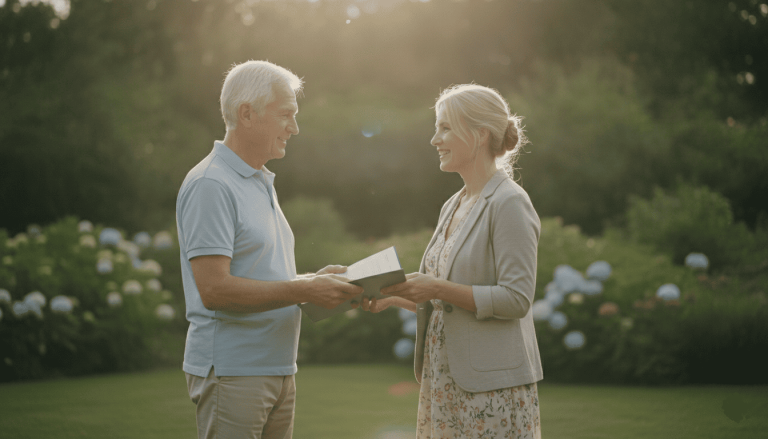 retraité dans un jardin familial, remettant symboliquement un dossier à sa fille adulte.