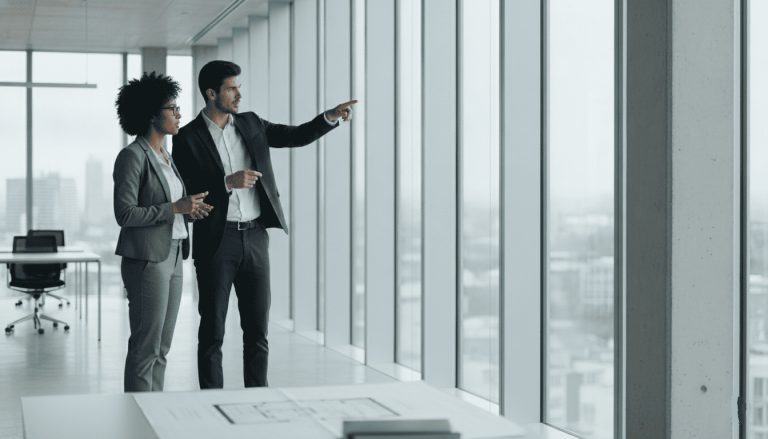 Investisseuse visitant un immeuble professionnel avec un conseiller immobilier.