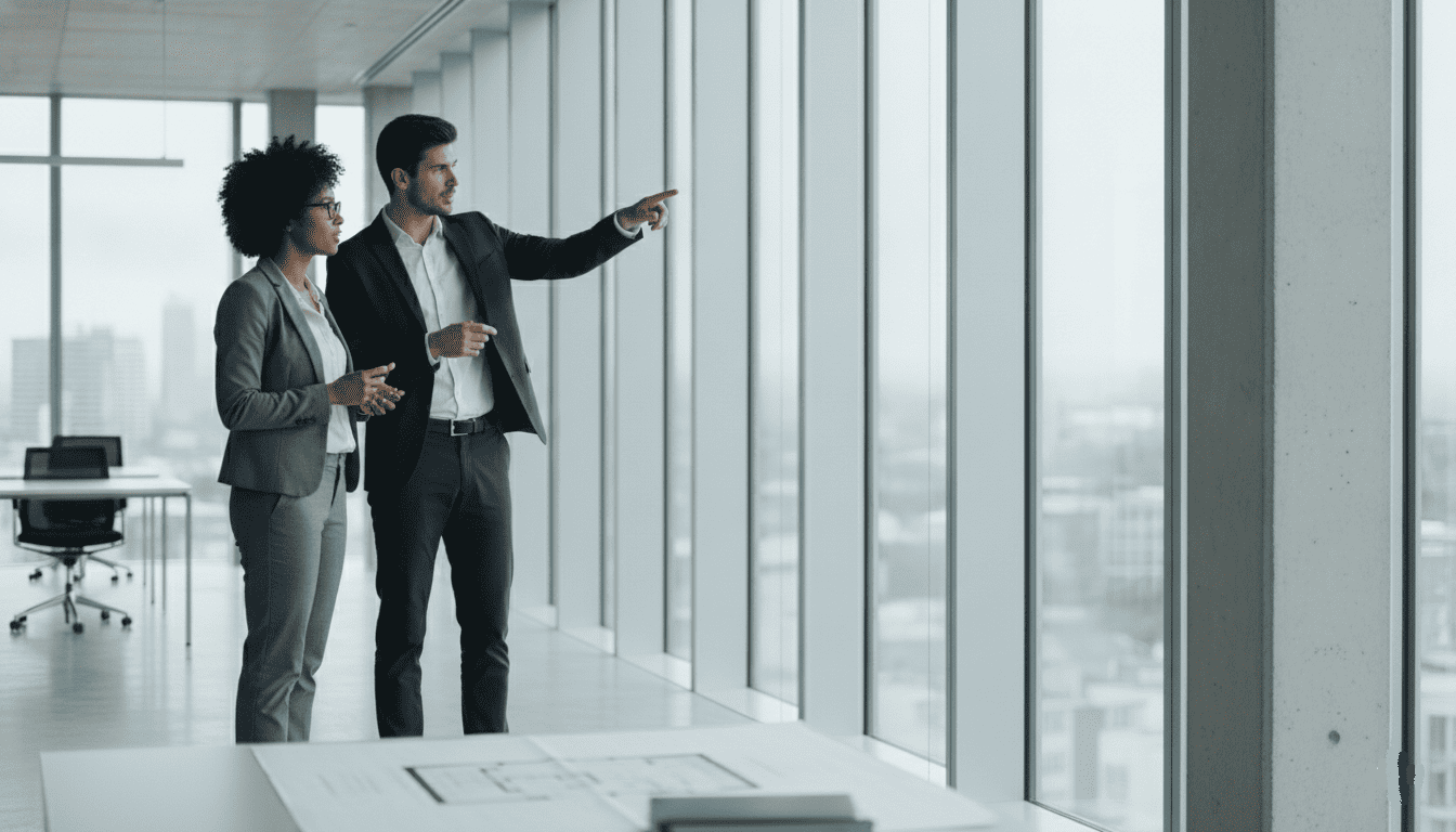 Investisseuse visitant un immeuble professionnel avec un conseiller immobilier.
