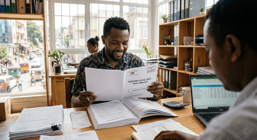 Chef d’entreprise consultant un dossier fiscal concernant une exonération d’impôt.
