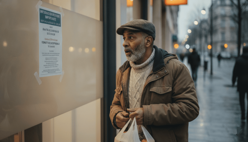 Client observant l’affichage d’une agence bancaire fermée dans un centre-ville.