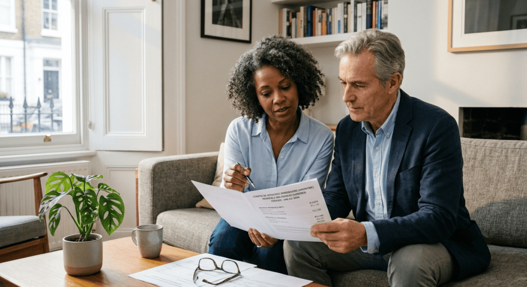 Couple examinant des relevés de revenus immobiliers dans un salon contemporain.