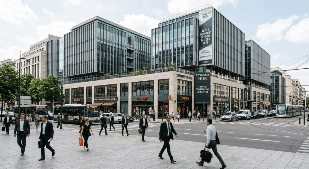 Ensemble de bureaux et commerces loués dans un quartier d’affaires animé.