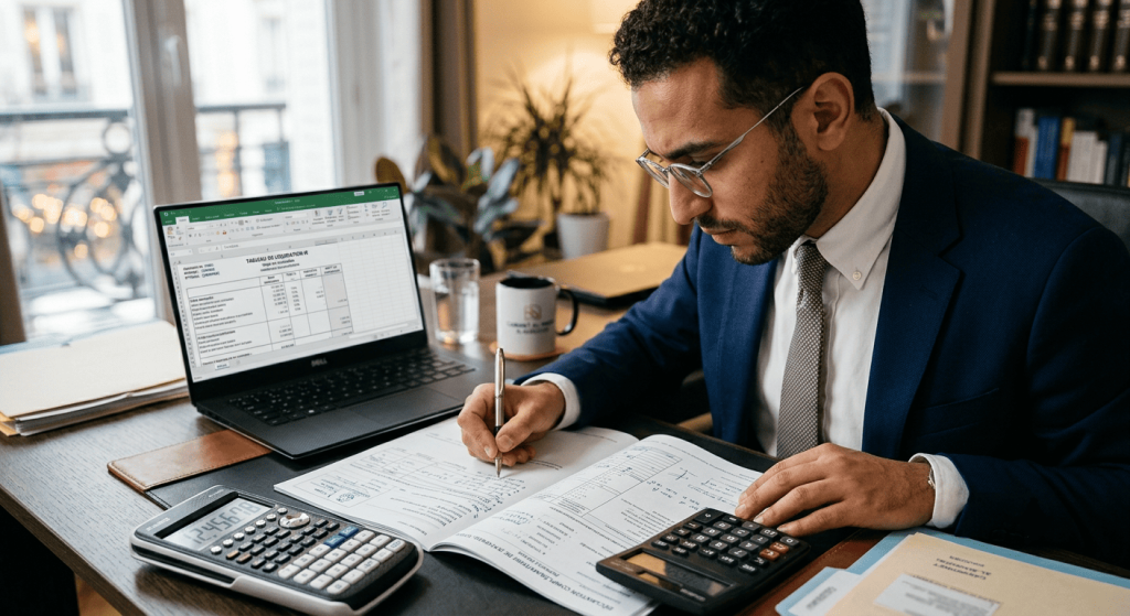 Expert-comptable travaillant sur des documents fiscaux et des tableaux financiers.