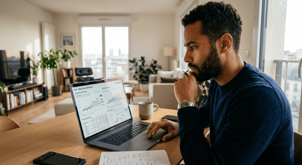 Investisseur consultant les performances et la fiscalité de son PEA sur ordinateur.