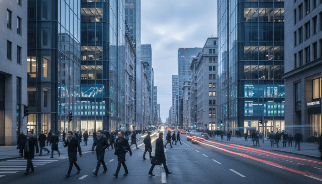uartier d’affaires moderne au petit matin, façades vitrées de banques et de cabinets de gestion patrimoniale, passants pressés traversant un large boulevard.