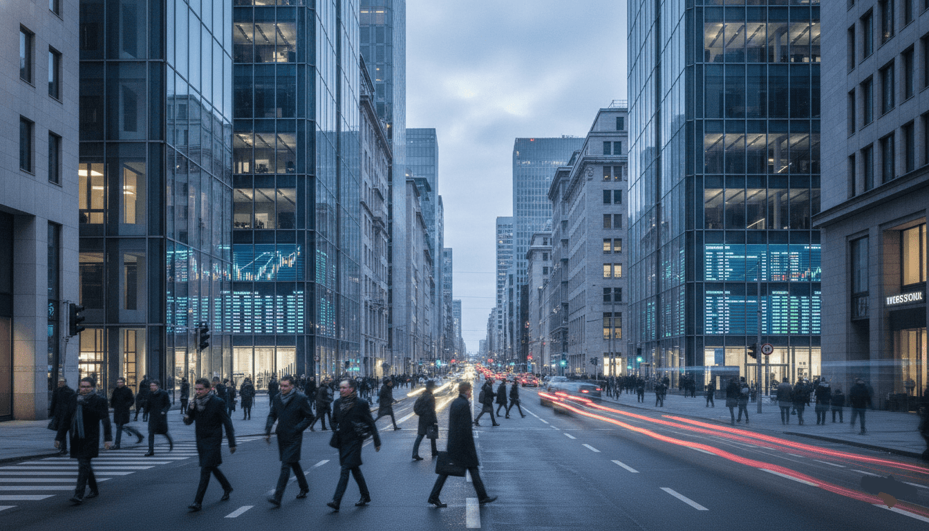 uartier d’affaires moderne au petit matin, façades vitrées de banques et de cabinets de gestion patrimoniale, passants pressés traversant un large boulevard.
