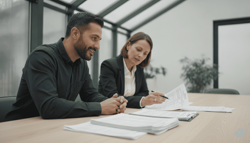 Homme en rendez-vous avec un expert-comptable. Les deux analysent un imprimé fiscal crédible et des relevés financiers sur une grande table.