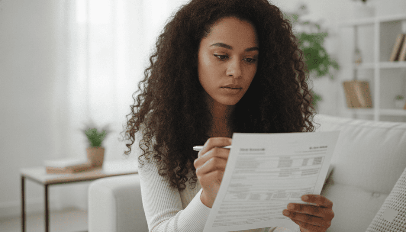 Jeune femme examinant attentivement un document fiscal reçu de sa banque. Assise dans un salon lumineux, regard concentré, stylo à la main pour annoter certaines lignes.