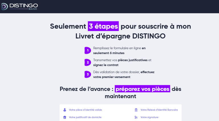 Interface Ouverture de livret banque Distingo