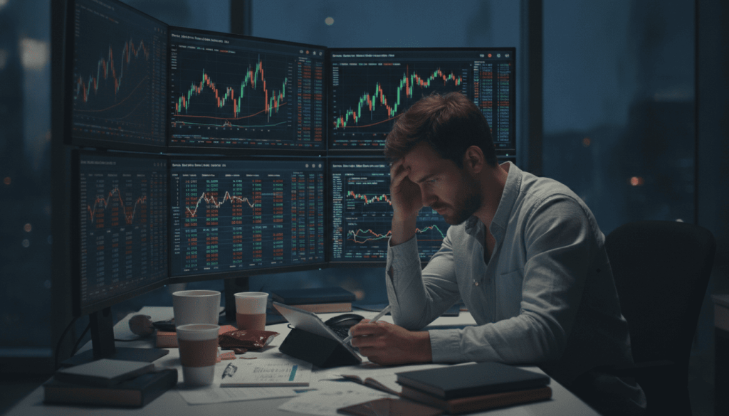 Jeune investisseur préoccupé devant des écrans de suivi financier.