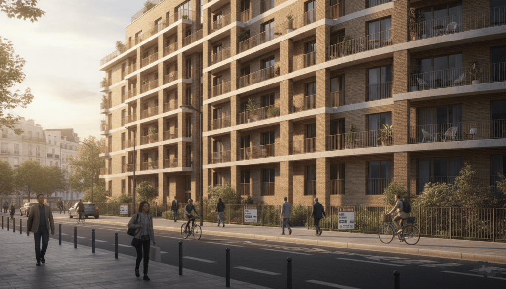 immeuble résidentiel récent dans une ville française, plusieurs appartements avec balcons aménagés, panneaux immobiliers génériques visibles dans la rue.