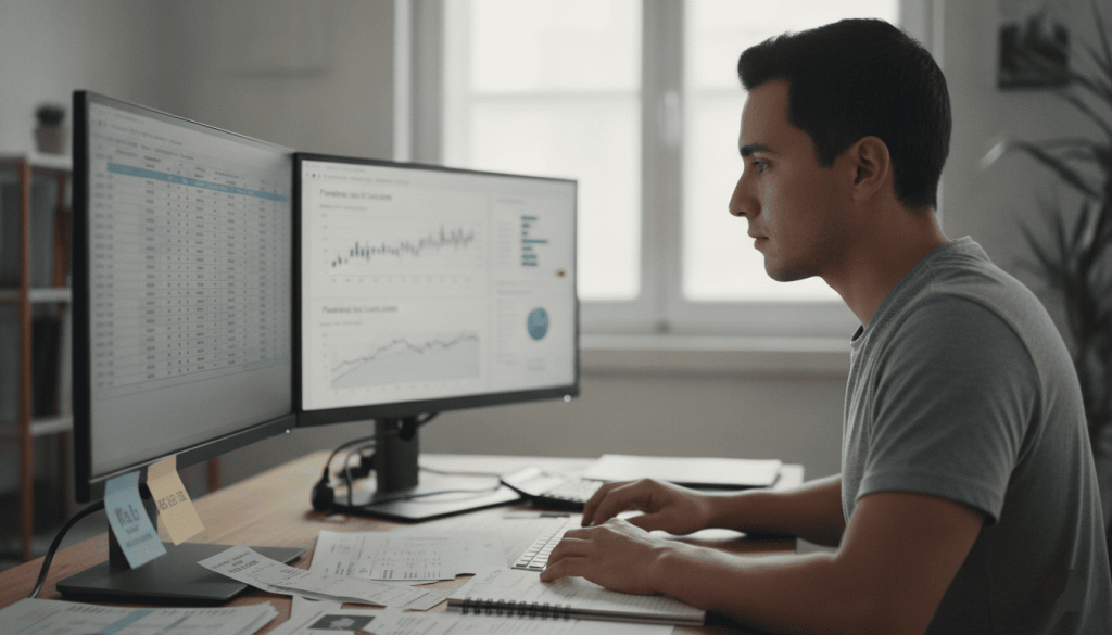 Jeune homme travaillant à domicile sur la gestion de ses revenus locatifs. Double écran affichant des tableaux financiers génériques et des calculs de rentabilité, factures et documents fiscaux crédibles sur le bureau.