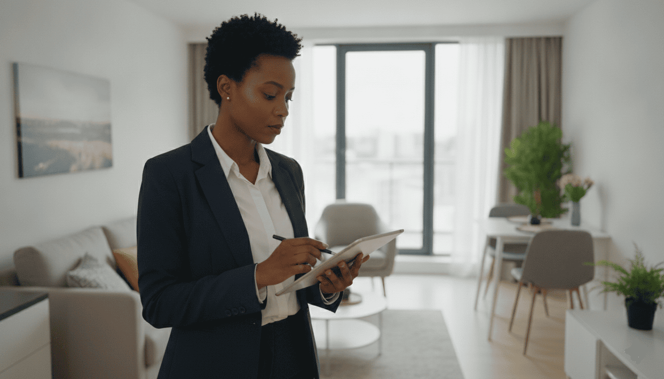 Femme visitant un appartement qu’elle met en location meublée. Elle vérifie l’inventaire du logement avec une tablette numérique à la main.