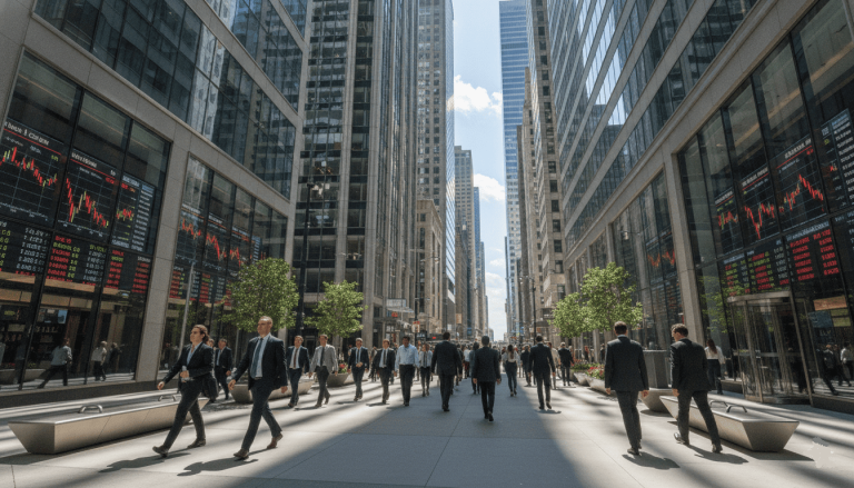 Quartier financier moderne illustrant l’univers des marchés et de l’investissement.
