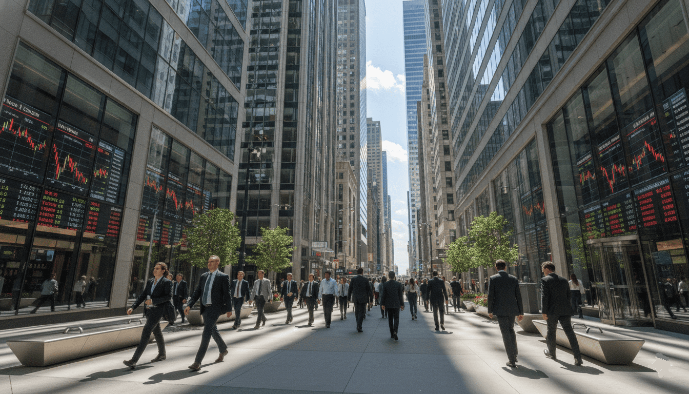 Quartier financier moderne illustrant l’univers des marchés et de l’investissement.