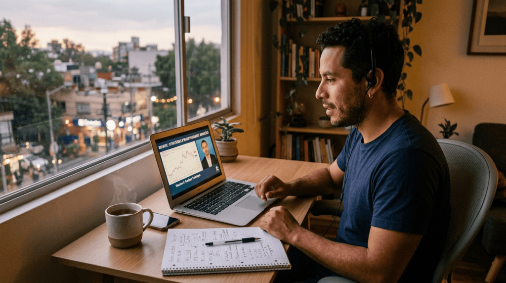 Débutant suivant une formation en ligne pour apprendre à investir en actions.