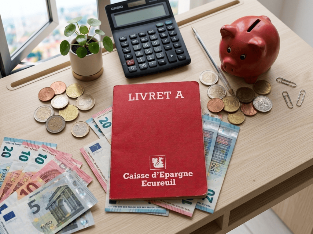 Livret A, pièces et billets en euro, tirelire posés sur un bureau simple