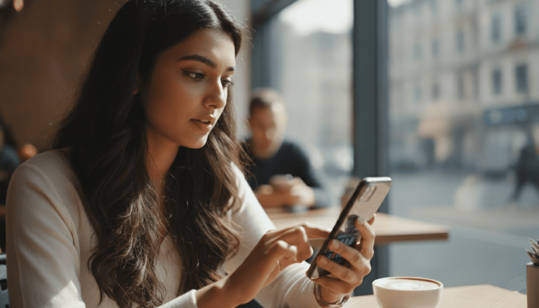 Jeune épargnante consultant l’évolution de son épargne sur smartphone.