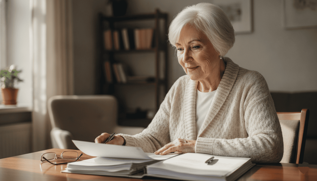 Veuve assise dans son salon avec des documents administratifs devant elle. Son expression mélange réflexion et espoir