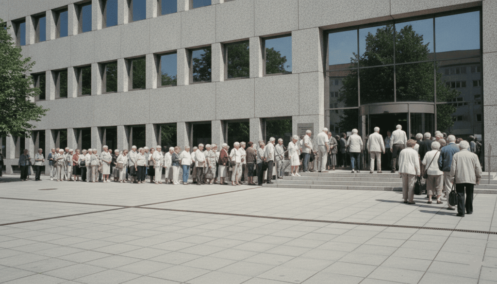 Façade d’un centre administratif accueillant du public, personnes âgées faisant la queue ou entrant dans le bâtiment.