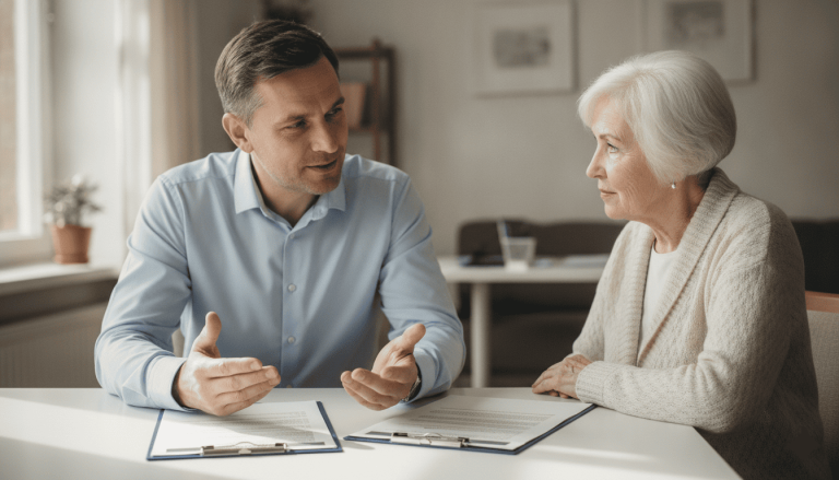 Conseiller administratif expliquant à une retraitée les nouvelles modalités de pension à travers un entretien individuel.