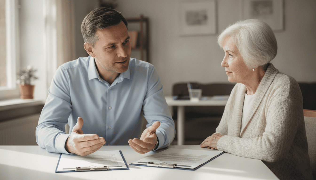 Conseiller administratif expliquant à une retraitée les nouvelles modalités de pension à travers un entretien individuel.