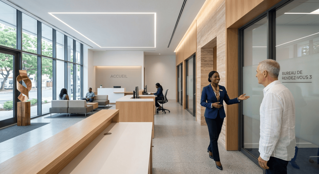 Intérieur d’une agence bancaire moderne avec espace d’accueil et bureaux de conseil.