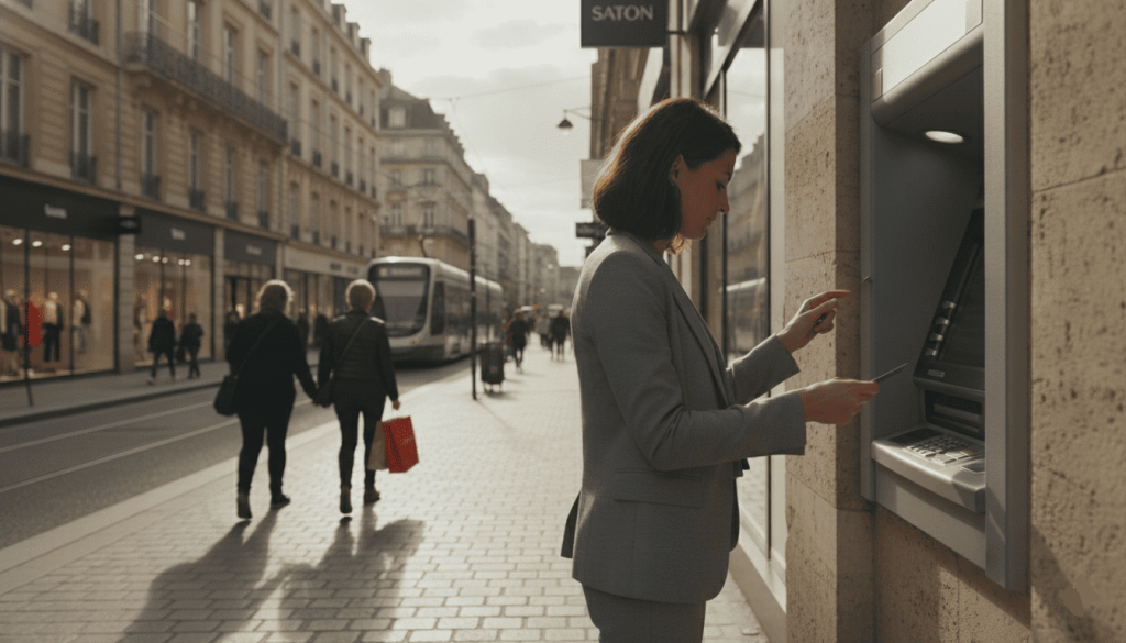 Femme consultant un distributeur bancaire avec une carte en main dans une rue commerçante.