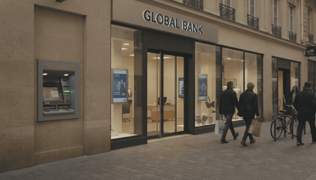 Façade d’agence bancaire avec distributeur automatique accessible depuis la rue.